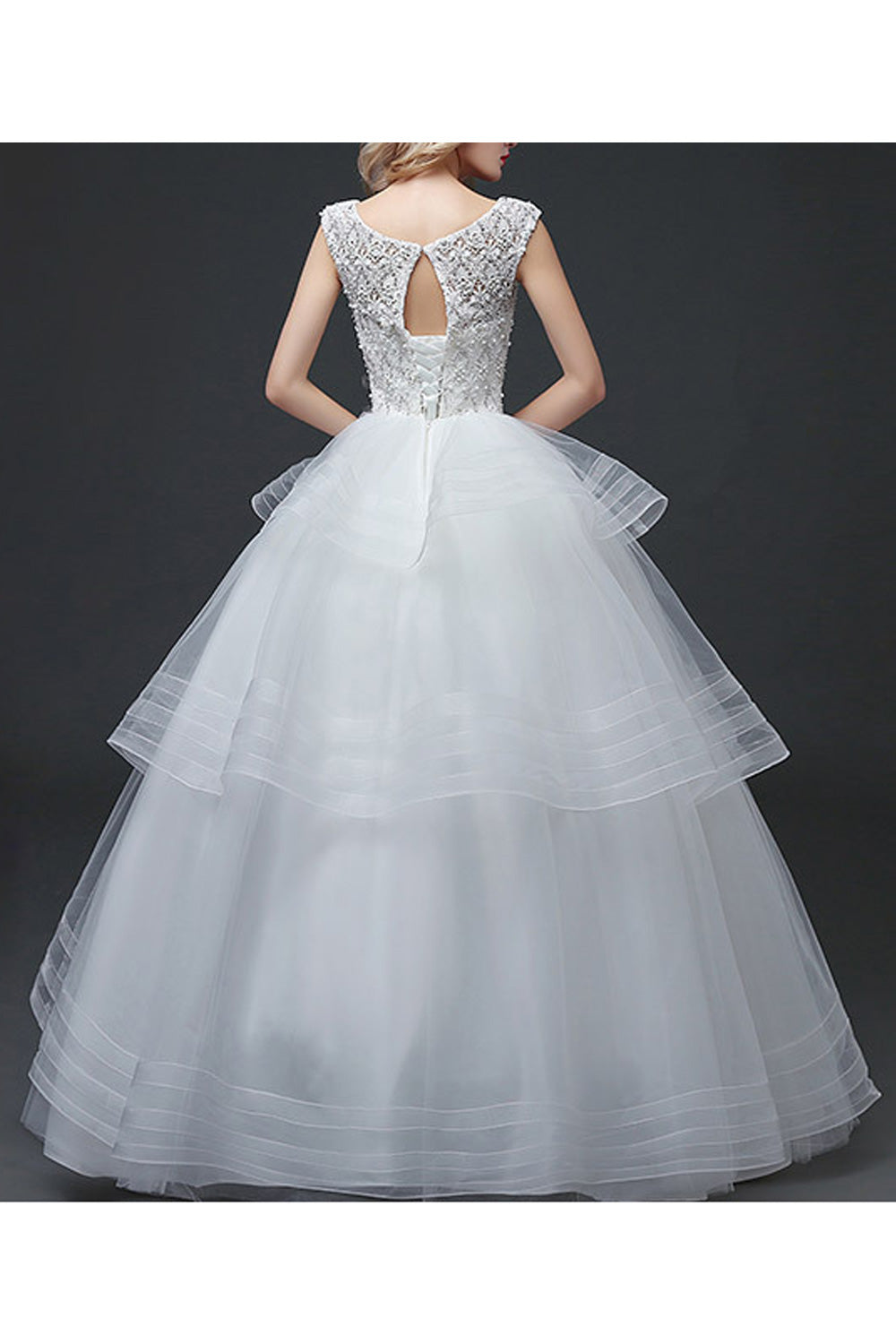 Women Beautiful Bead Decorated Sleeveless Ruffled Layers Wedding Dress