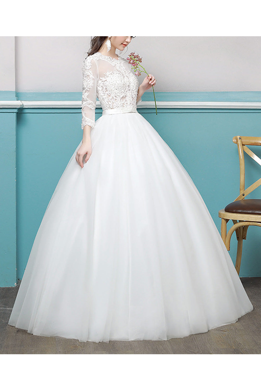 Women Comfy Long Sleeve Round Neck A-Line Skirt Solid Colored Wedding Dress