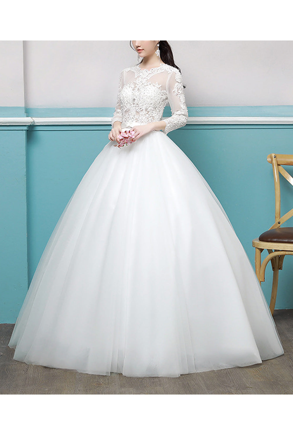 Women Comfy Long Sleeve Round Neck A-Line Skirt Solid Colored Wedding Dress