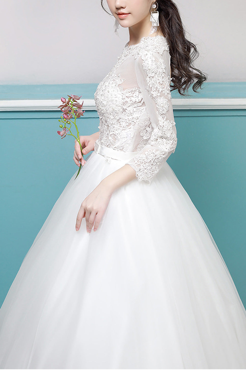 Women Comfy Long Sleeve Round Neck A-Line Skirt Solid Colored Wedding Dress