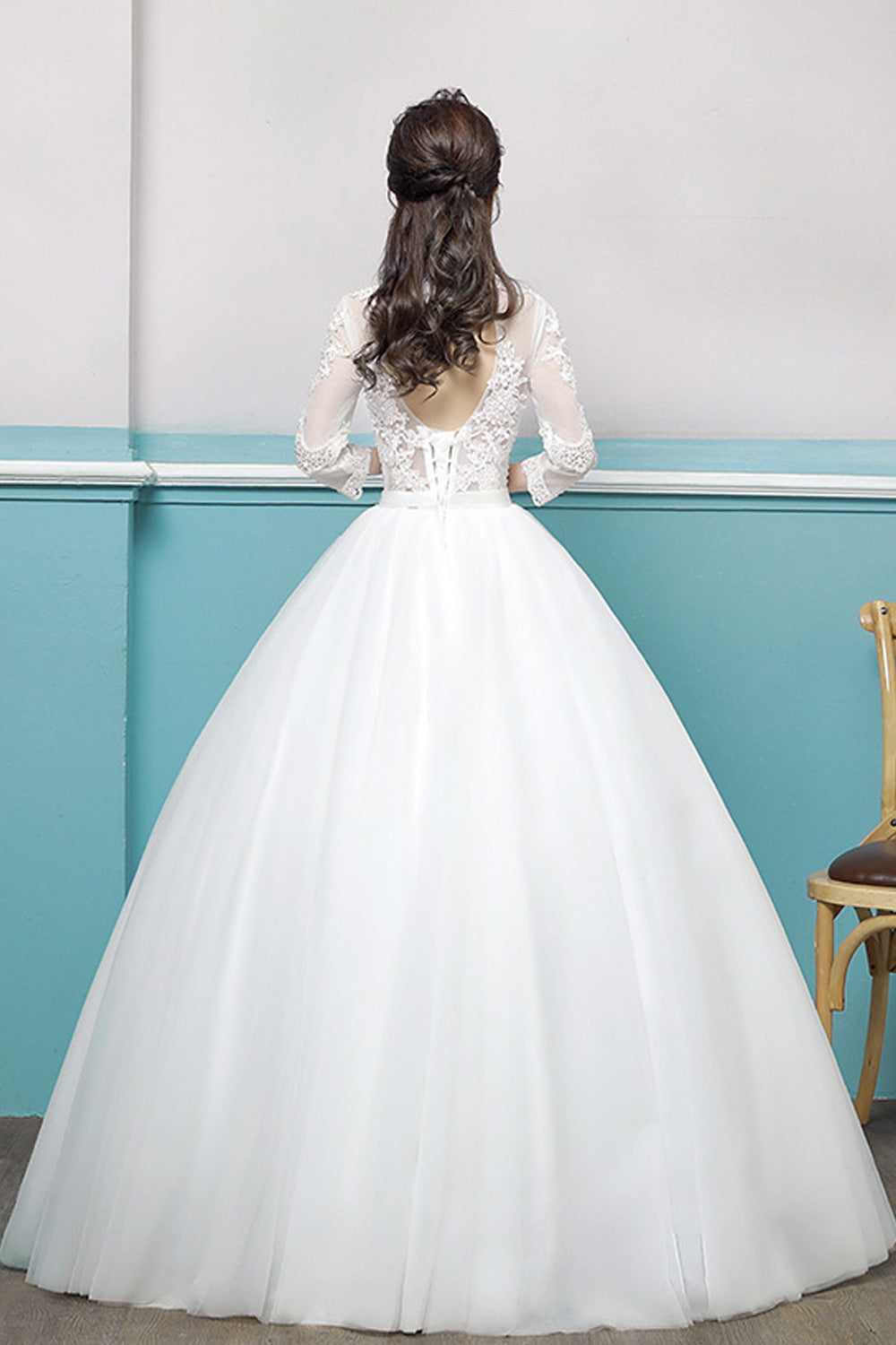 Women Comfy Long Sleeve Round Neck A-Line Skirt Solid Colored Wedding Dress