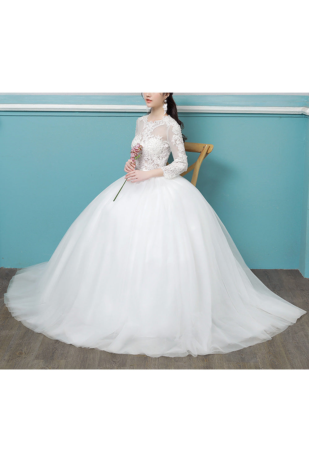 Women Comfy Long Sleeve Round Neck A-Line Skirt Solid Colored Wedding Dress