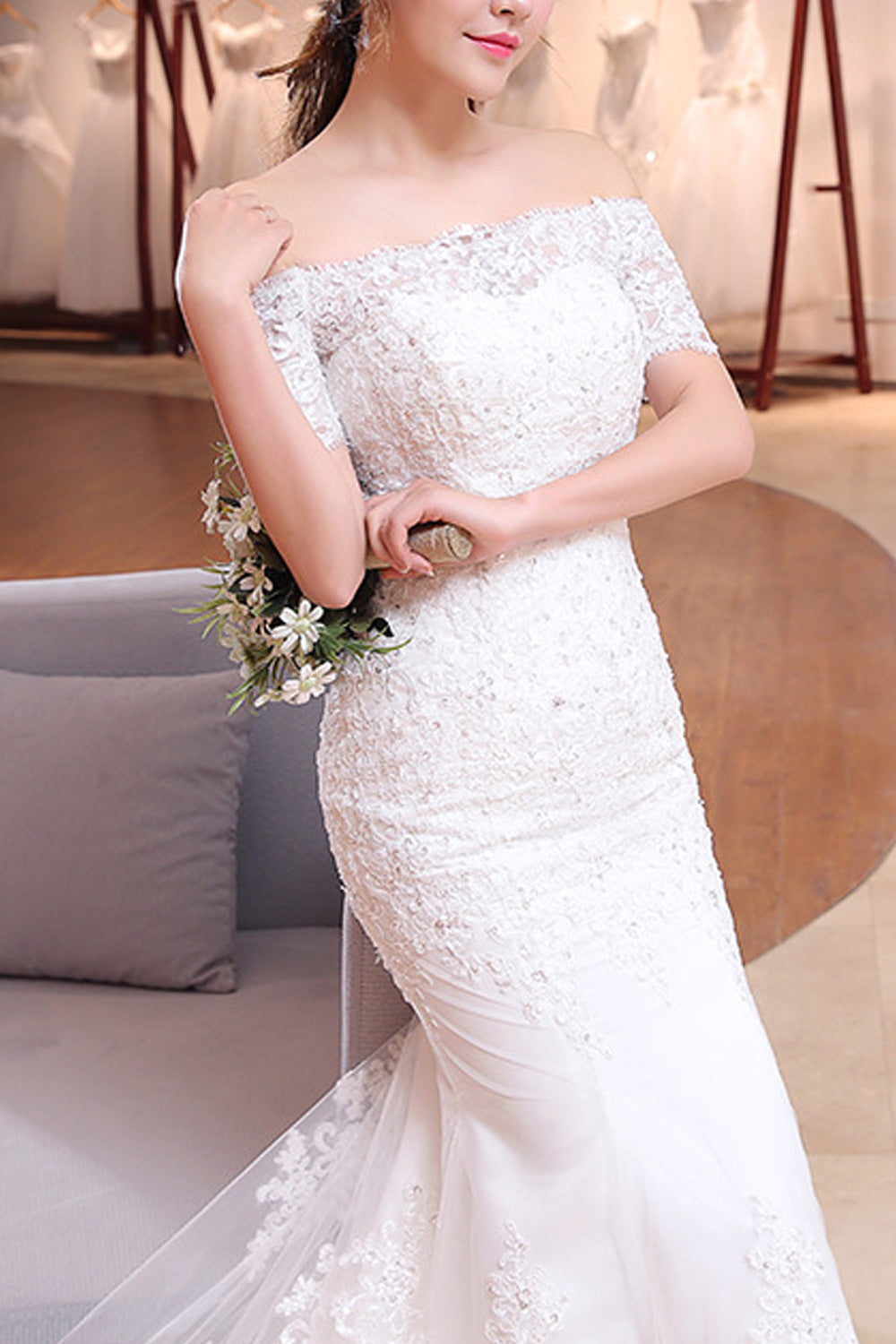 Women Off-Shoulder Slim Fit Fish Tail Style Magnificent Wedding Dress
