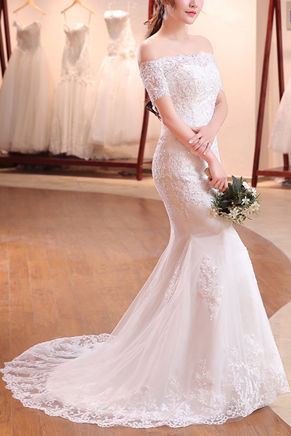 Women Off-Shoulder Slim Fit Fish Tail Style Magnificent Wedding Dress