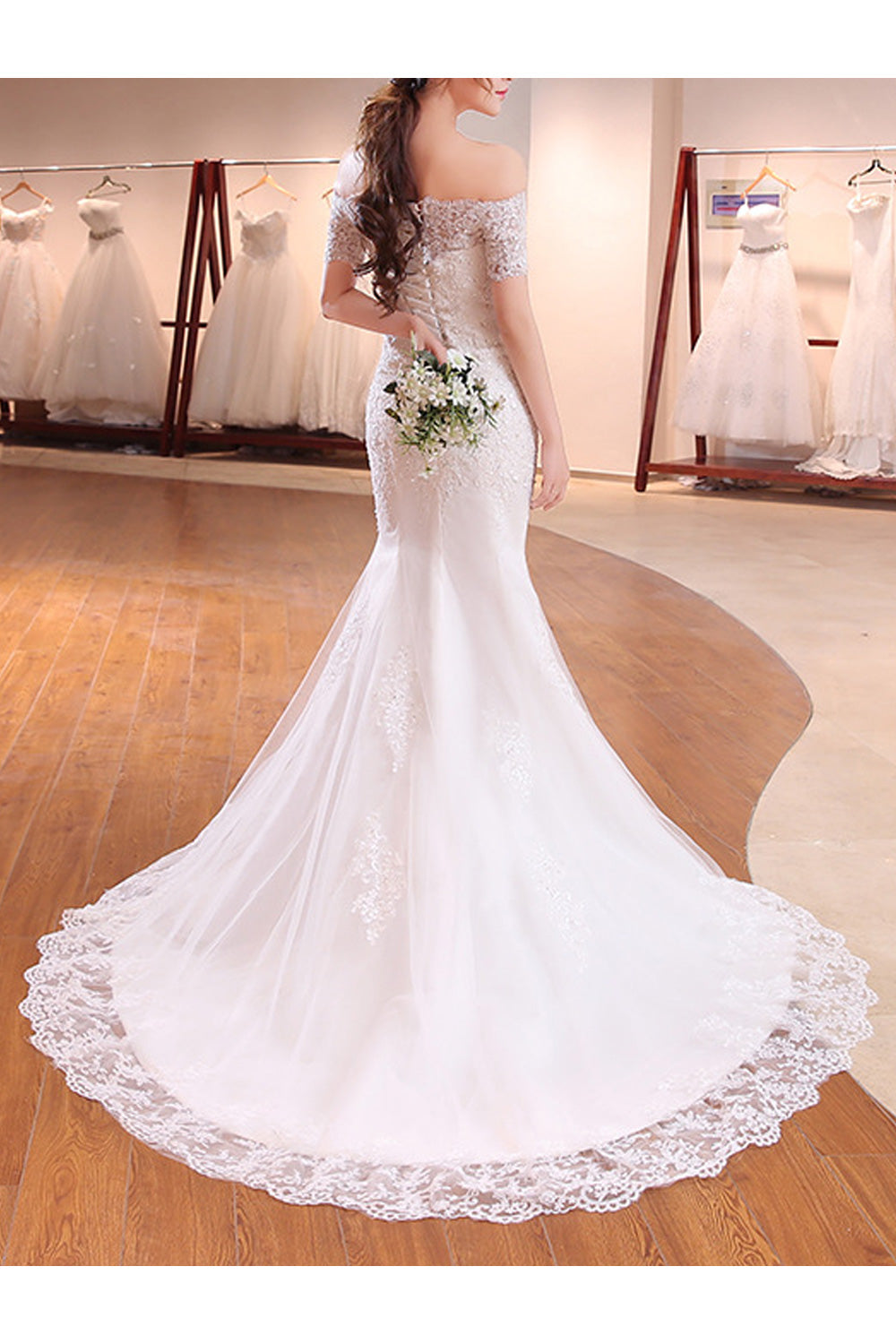 Women Off-Shoulder Slim Fit Fish Tail Style Magnificent Wedding Dress