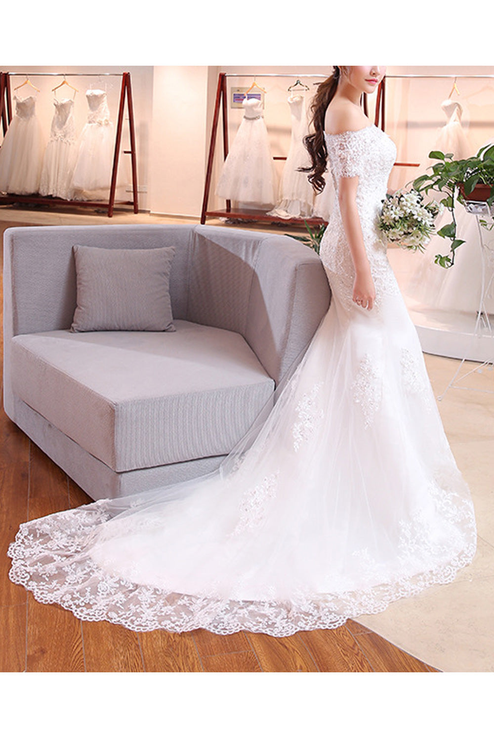 Women Off-Shoulder Slim Fit Fish Tail Style Magnificent Wedding Dress