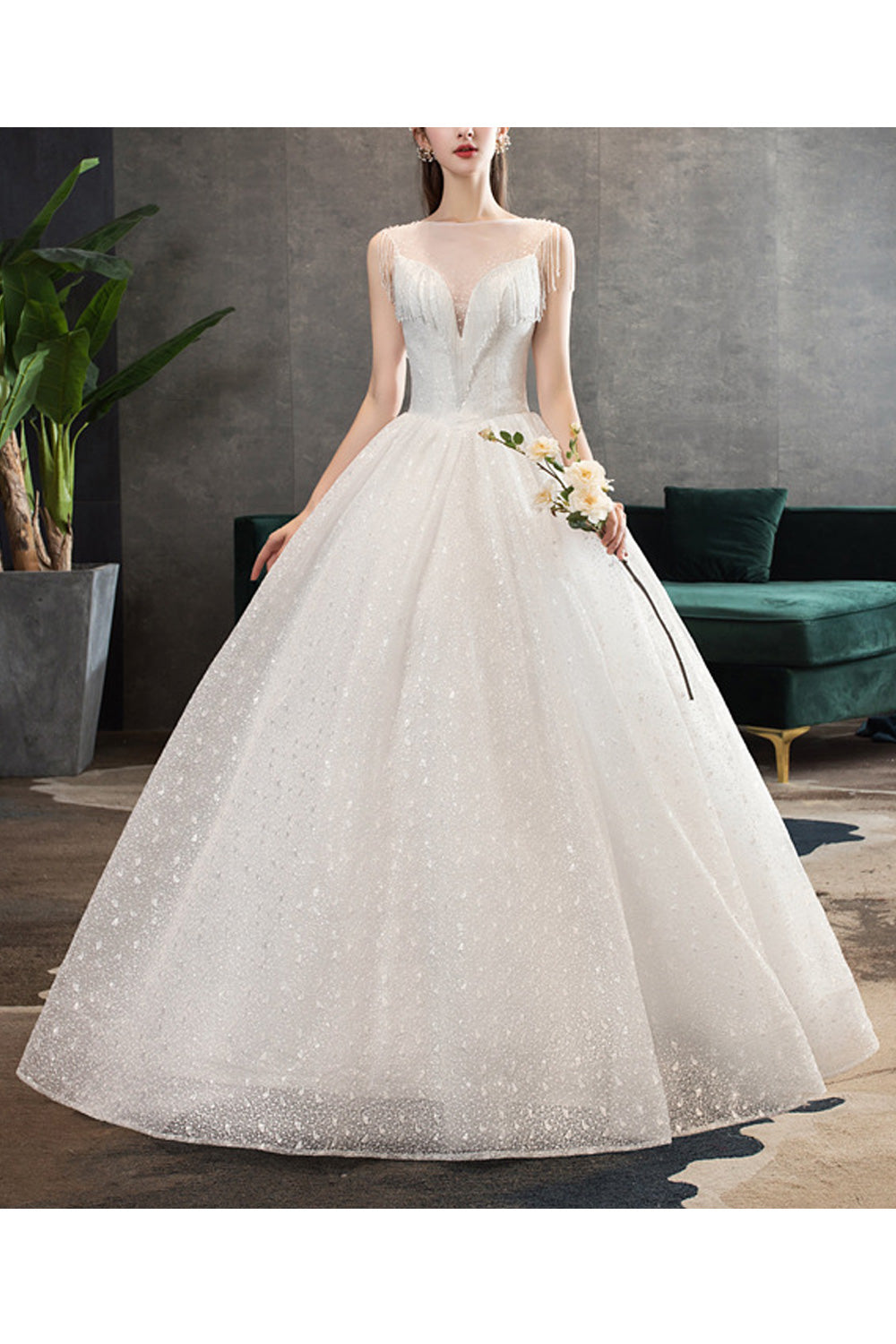 Women Tassel Decorated Long Ball Gown Shiny Beautiful Wedding Dress