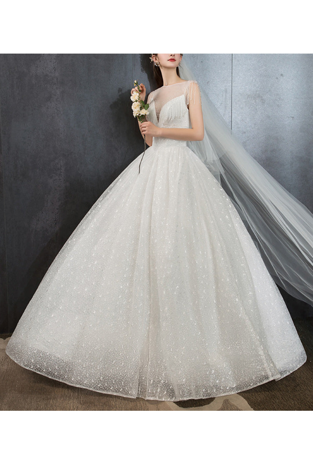 Women Tassel Decorated Long Ball Gown Shiny Beautiful Wedding Dress