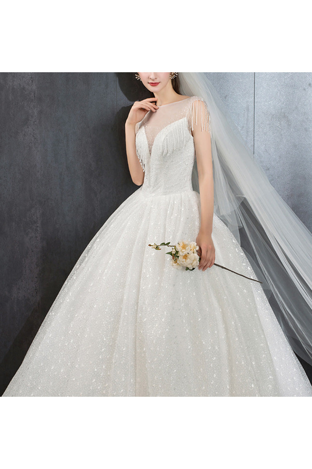 Women Tassel Decorated Long Ball Gown Shiny Beautiful Wedding Dress
