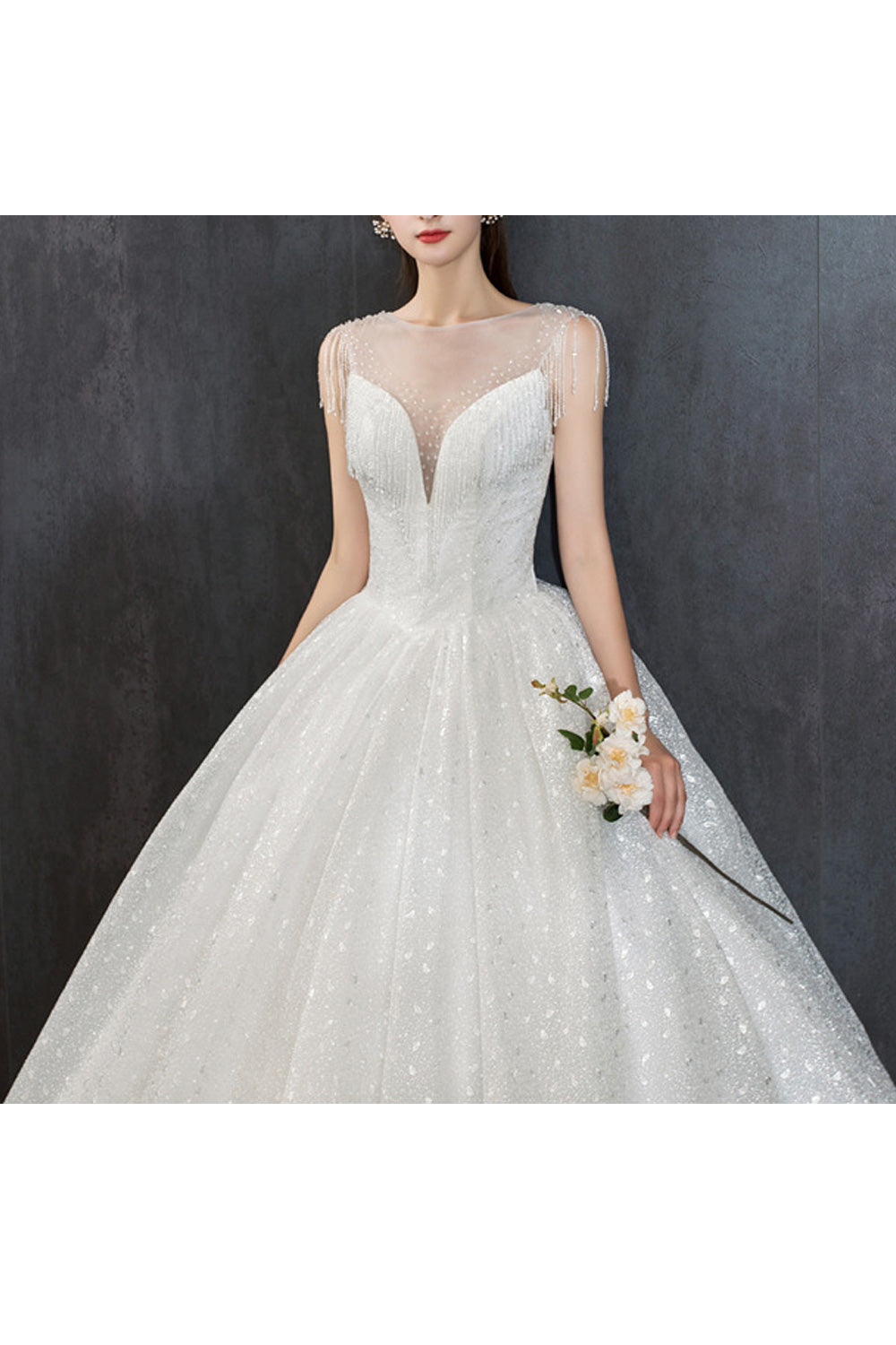 Women Tassel Decorated Long Ball Gown Shiny Beautiful Wedding Dress