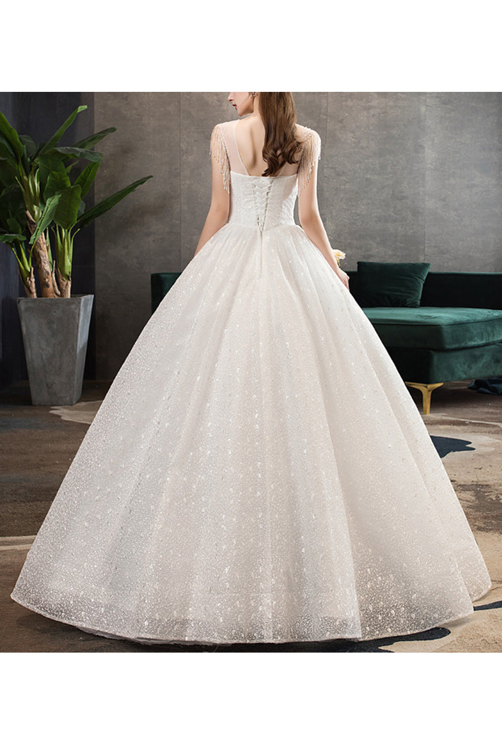 Women Tassel Decorated Long Ball Gown Shiny Beautiful Wedding Dress