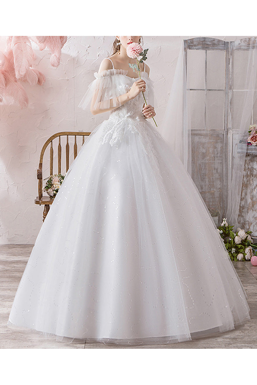 Women Comfy Strap Neck Floral Decorated Style Wedding Dress