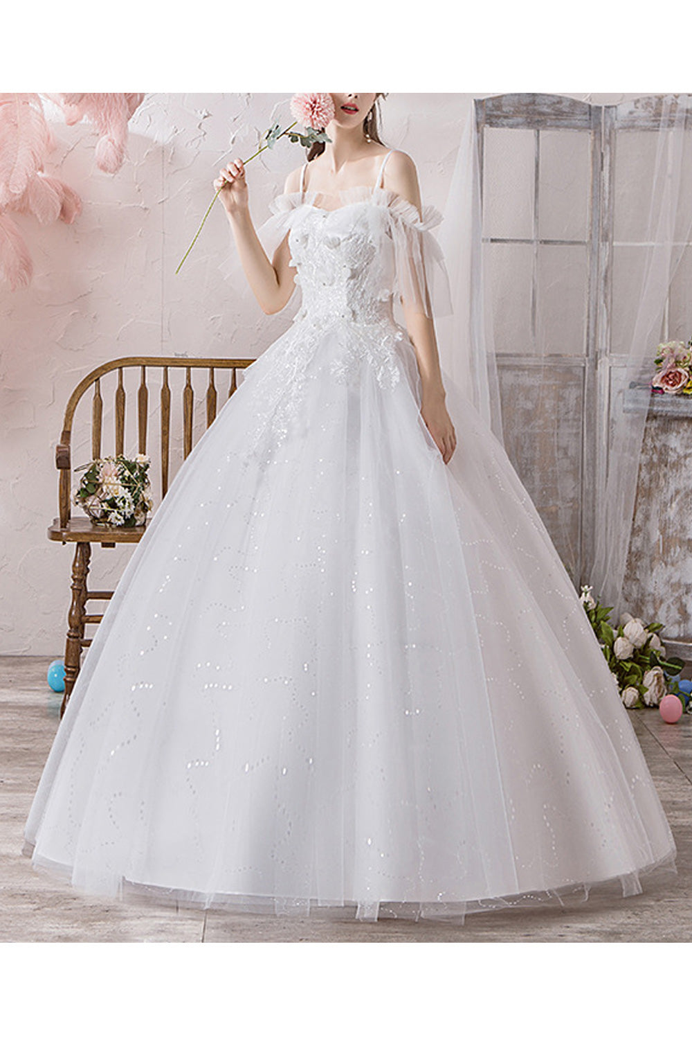Women Comfy Strap Neck Floral Decorated Style Wedding Dress