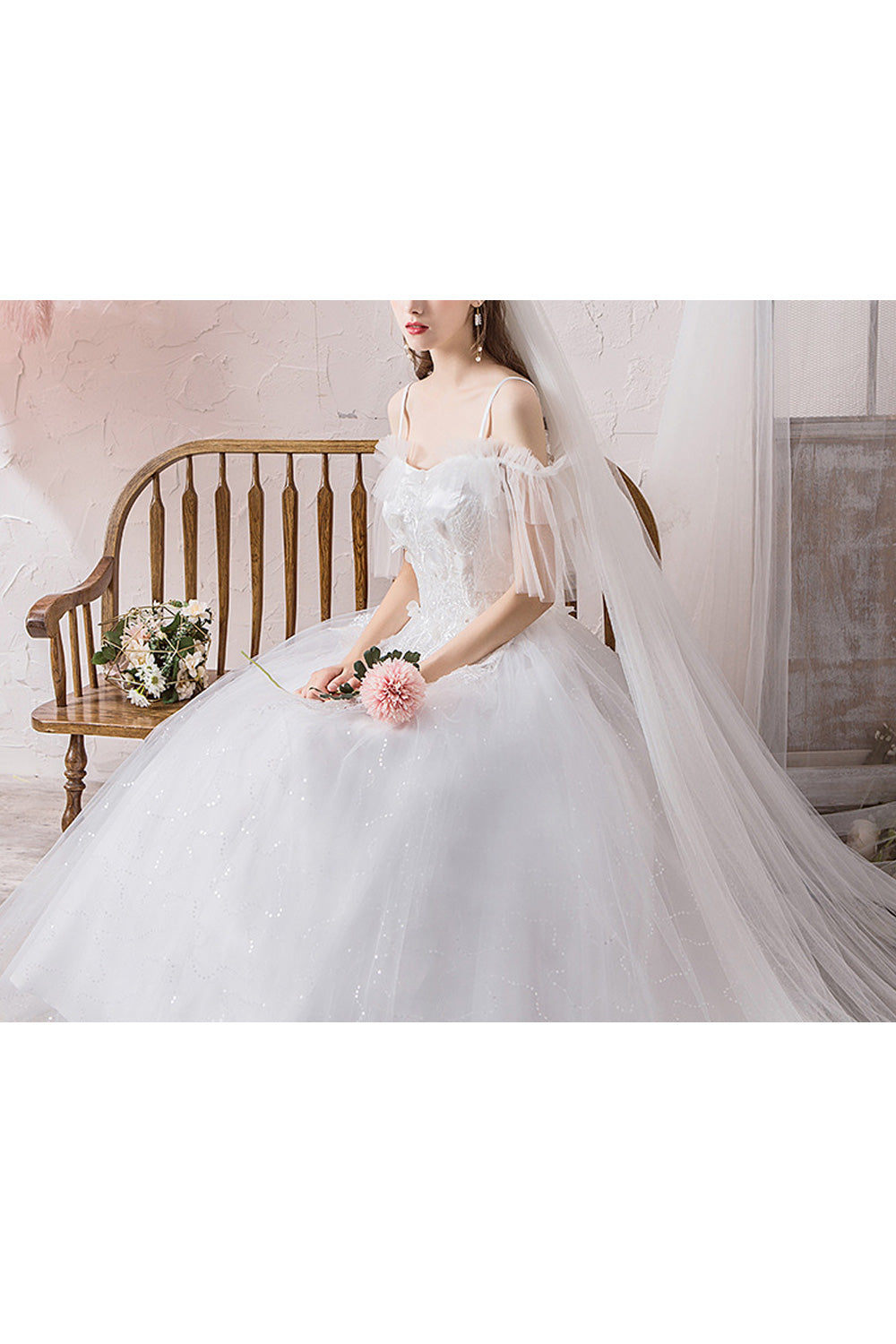 Women Comfy Strap Neck Floral Decorated Style Wedding Dress