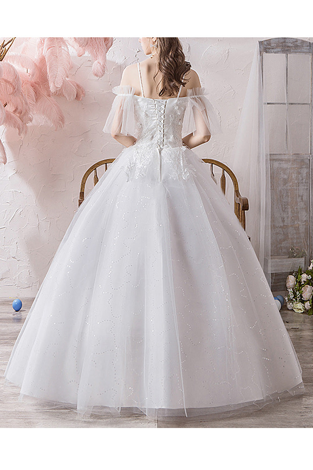 Women Comfy Strap Neck Floral Decorated Style Wedding Dress