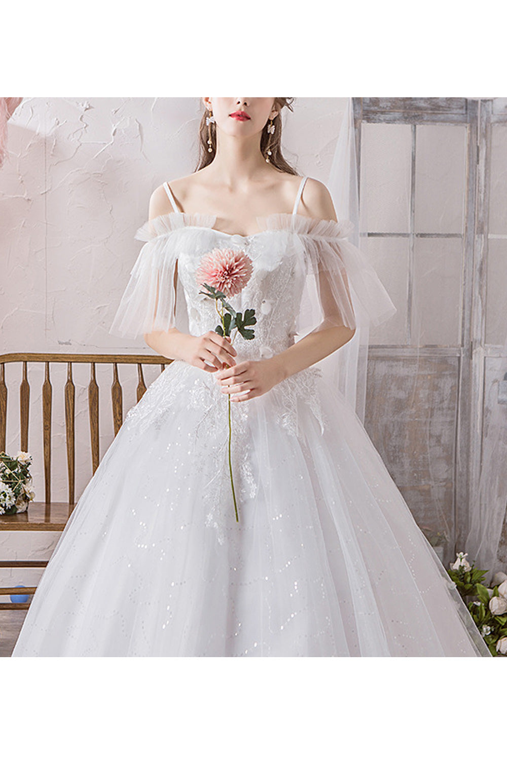 Women Comfy Strap Neck Floral Decorated Style Wedding Dress