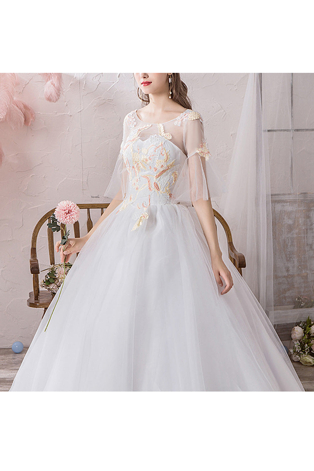 Women Thin Round Neck Breathable Short Sleeve Embroidered Wedding Dress