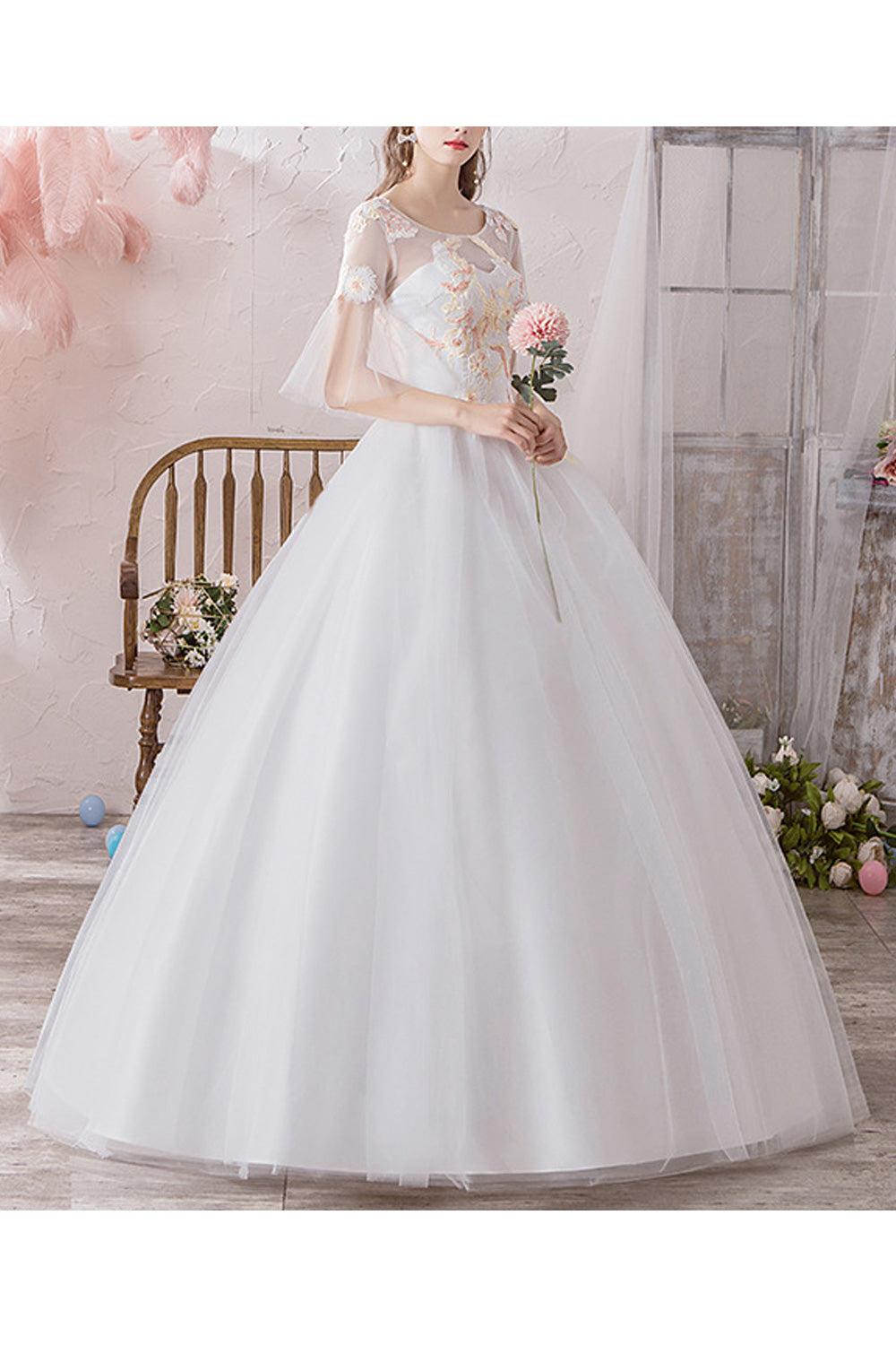 Women Thin Round Neck Breathable Short Sleeve Embroidered Wedding Dress