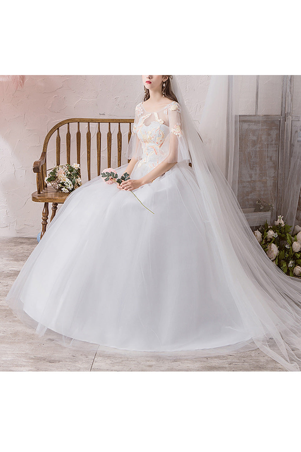 Women Thin Round Neck Breathable Short Sleeve Embroidered Wedding Dress