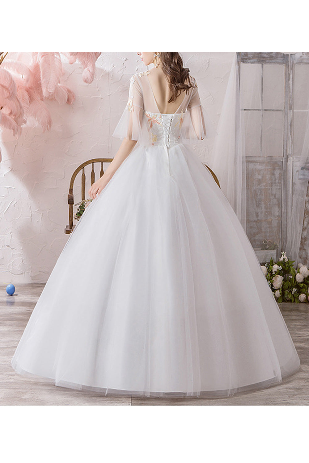 Women Thin Round Neck Breathable Short Sleeve Embroidered Wedding Dress