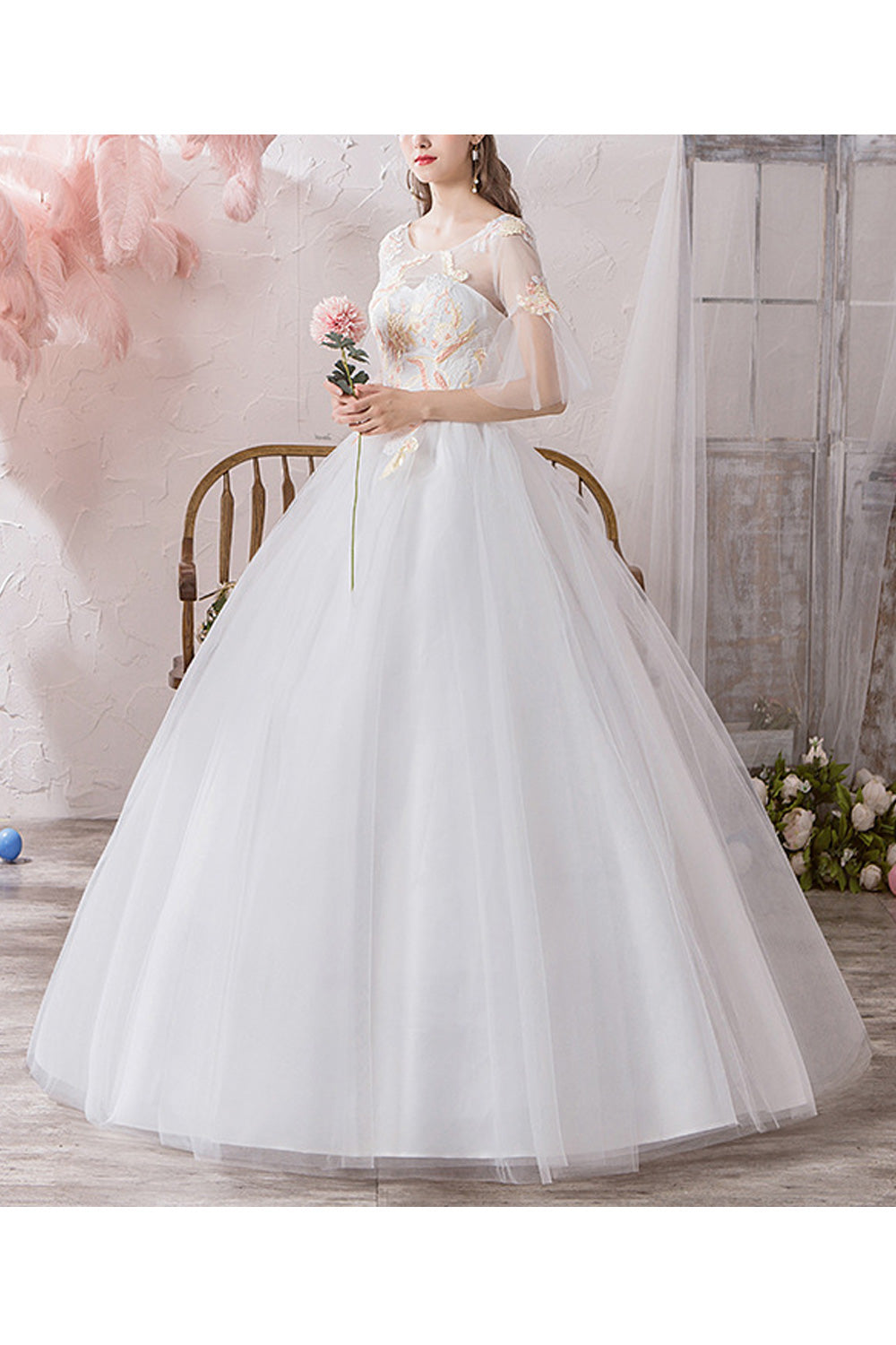 Women Thin Round Neck Breathable Short Sleeve Embroidered Wedding Dress