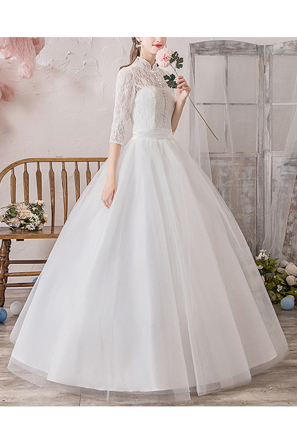 Women Stand Collar Half Sleeve Pretty Loose Skirt Wedding Dress