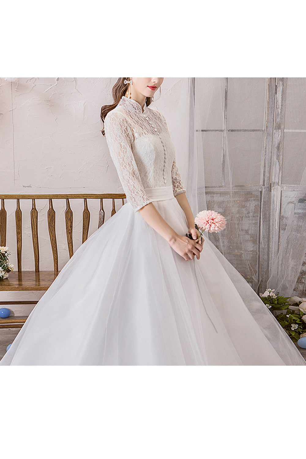Women Stand Collar Half Sleeve Pretty Loose Skirt Wedding Dress