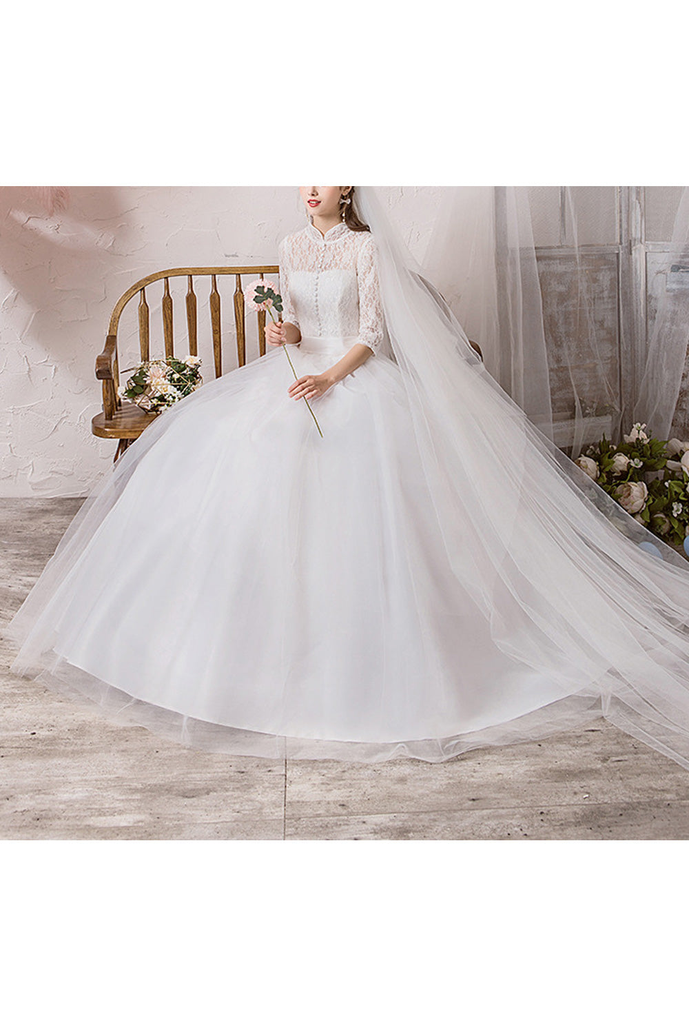 Women Stand Collar Half Sleeve Pretty Loose Skirt Wedding Dress
