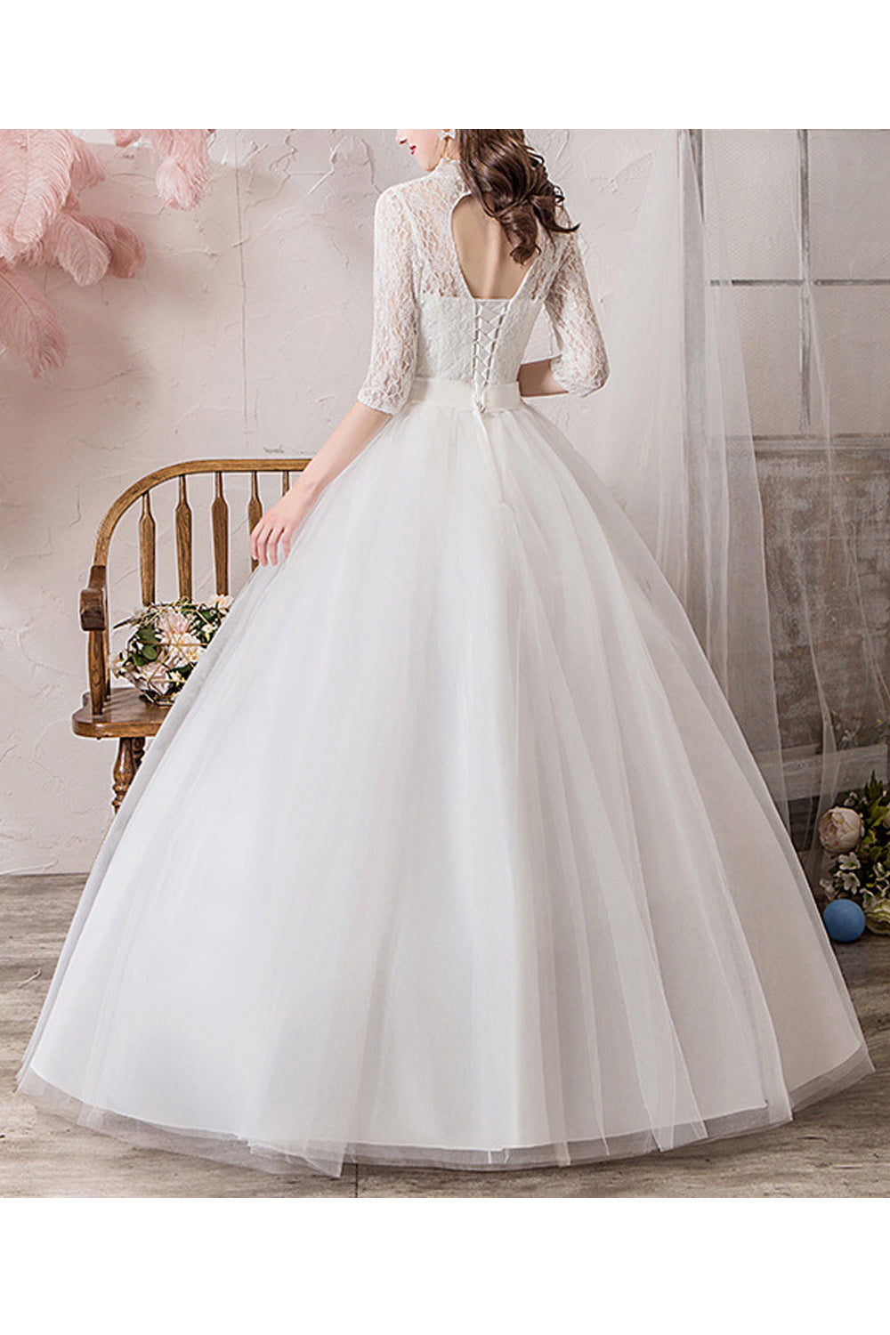 Women Stand Collar Half Sleeve Pretty Loose Skirt Wedding Dress