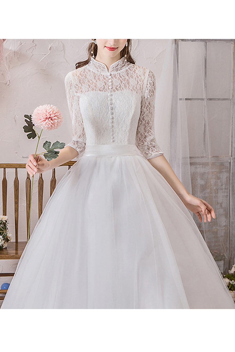 Women Stand Collar Half Sleeve Pretty Loose Skirt Wedding Dress