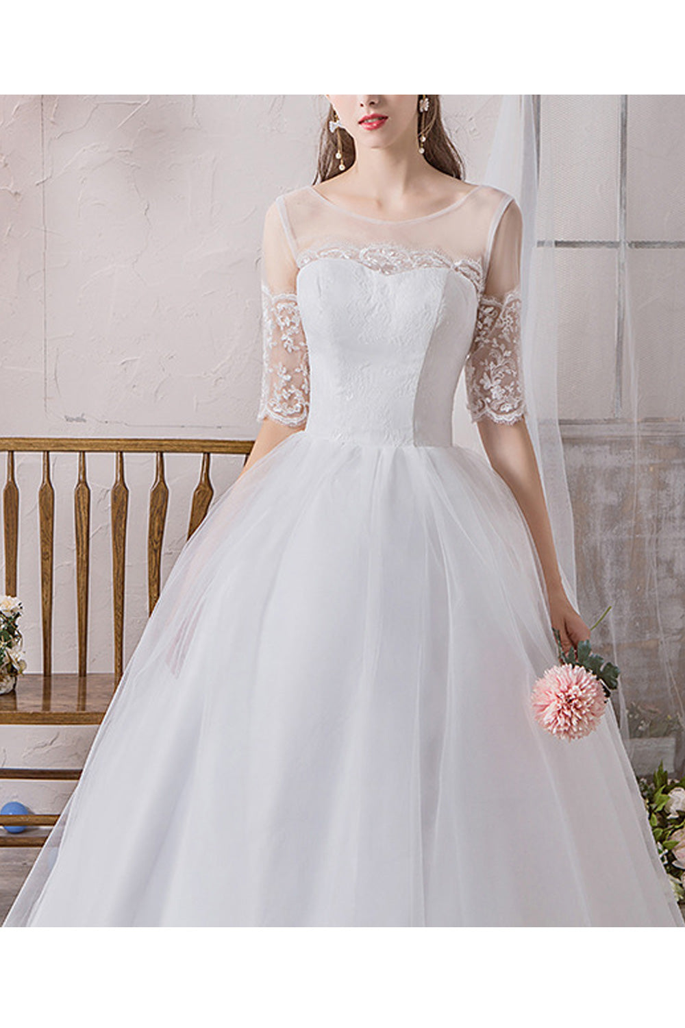 Women Round Neck Thin Short Sleeve Loose Skirt Slim Fit Wedding Dress