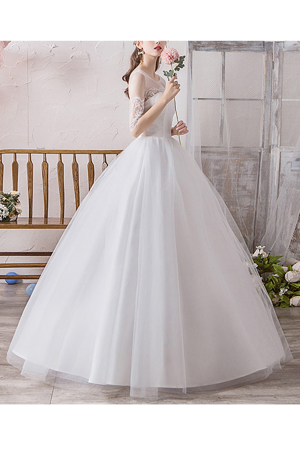 Women Round Neck Thin Short Sleeve Loose Skirt Slim Fit Wedding Dress