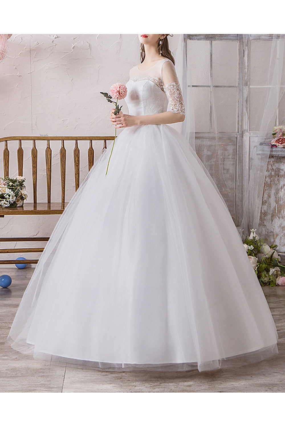 Women Round Neck Thin Short Sleeve Loose Skirt Slim Fit Wedding Dress