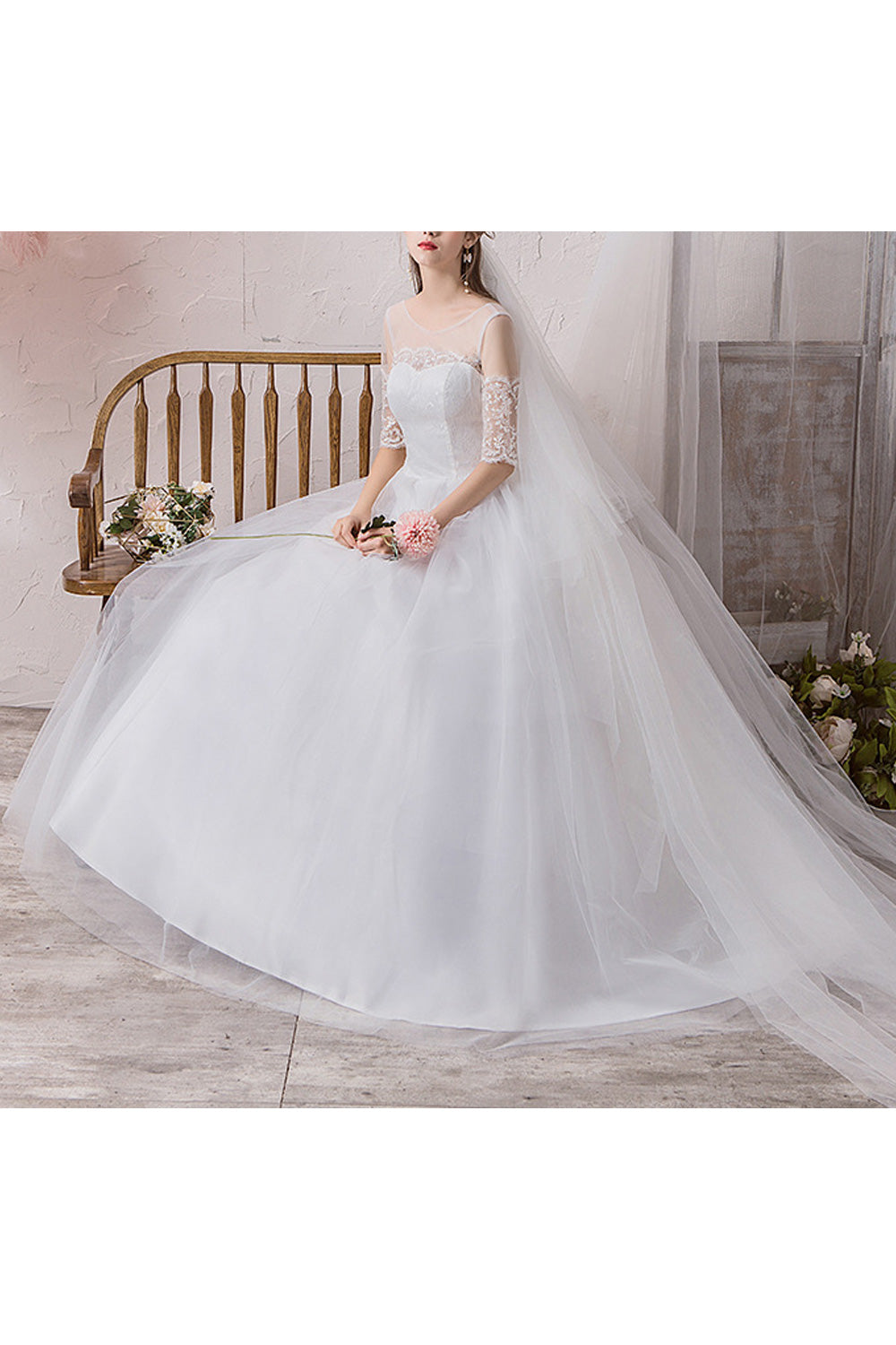 Women Round Neck Thin Short Sleeve Loose Skirt Slim Fit Wedding Dress