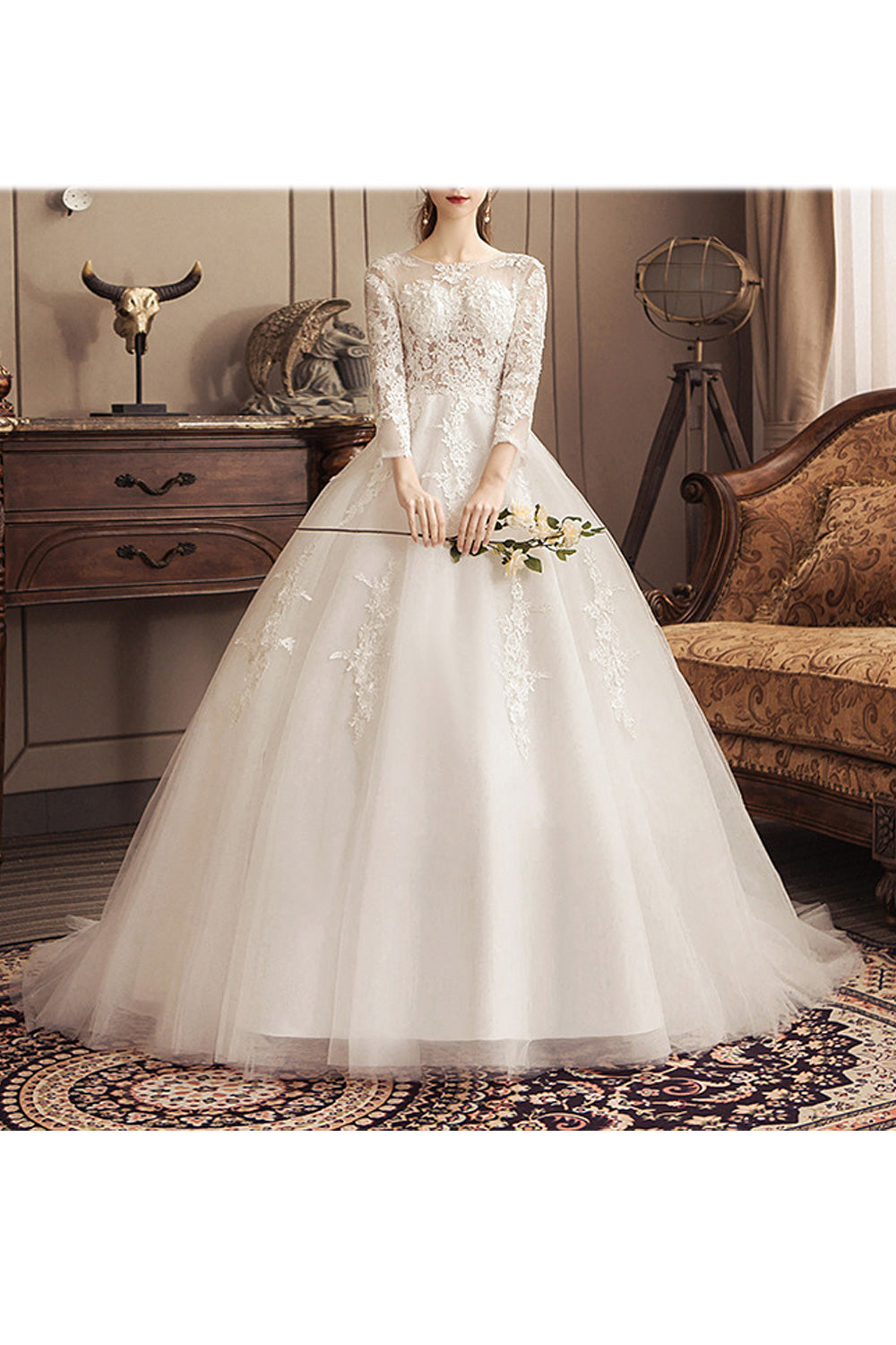 Women Long Thin Skirt Lace Embroidery Beautiful Wedding Dress