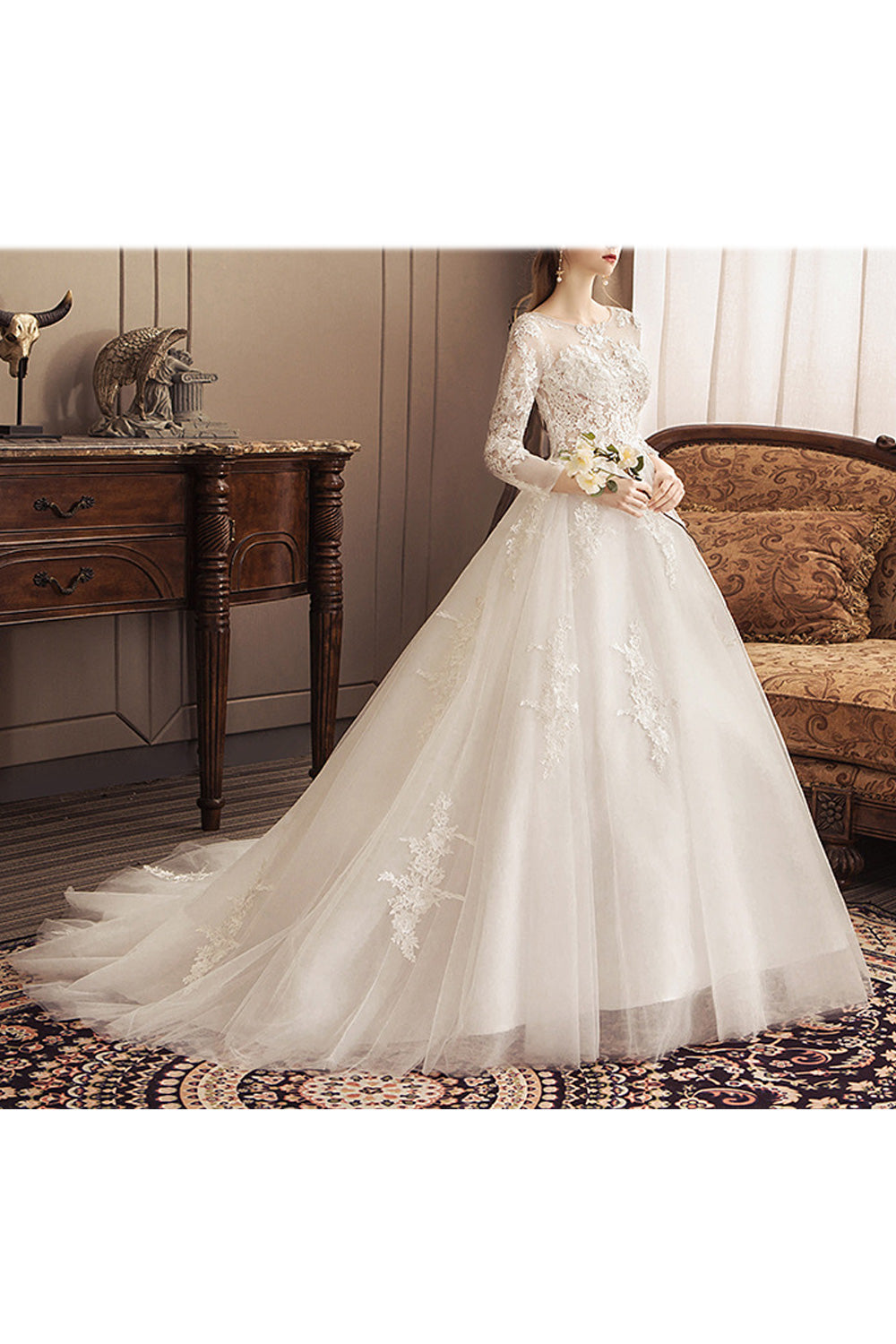 Women Long Thin Skirt Lace Embroidery Beautiful Wedding Dress