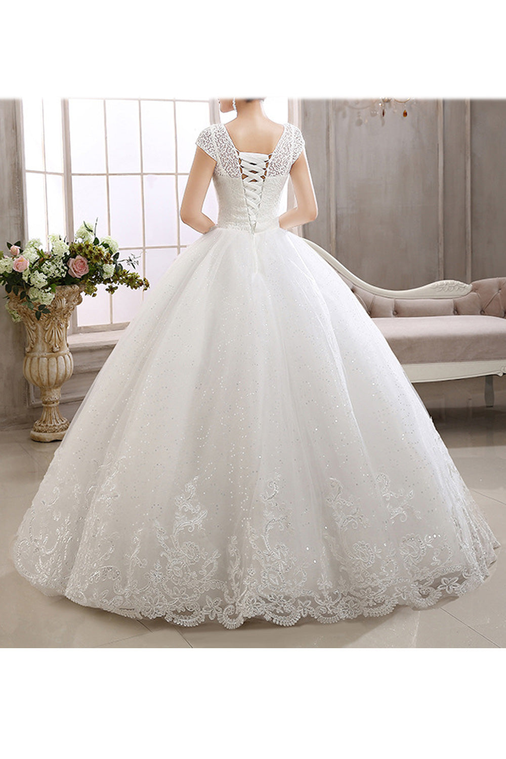 Women Comfy Round Neck Sleeveless Style Ball Gown Long Wedding Dress