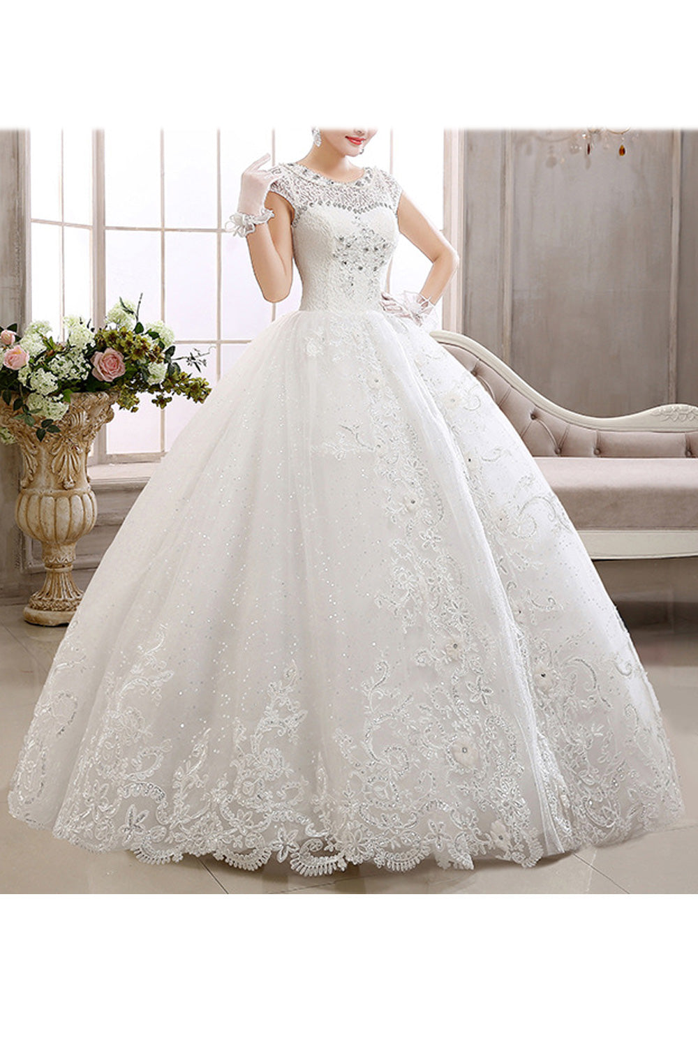 Women Comfy Round Neck Sleeveless Style Ball Gown Long Wedding Dress