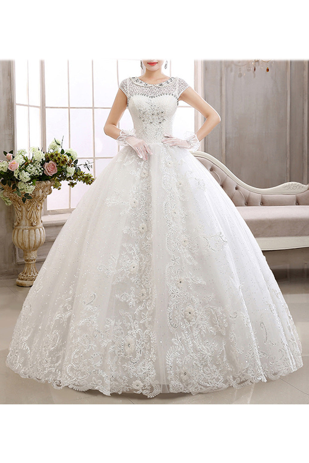 Women Comfy Round Neck Sleeveless Style Ball Gown Long Wedding Dress