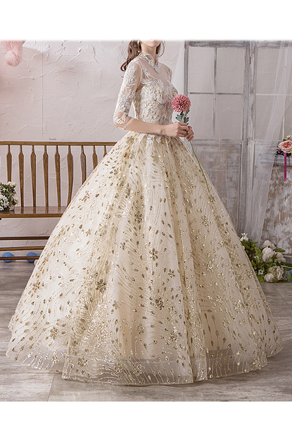 Women Lace Long Sleeve Stand Collar Pretty Embroidered Wedding Dress