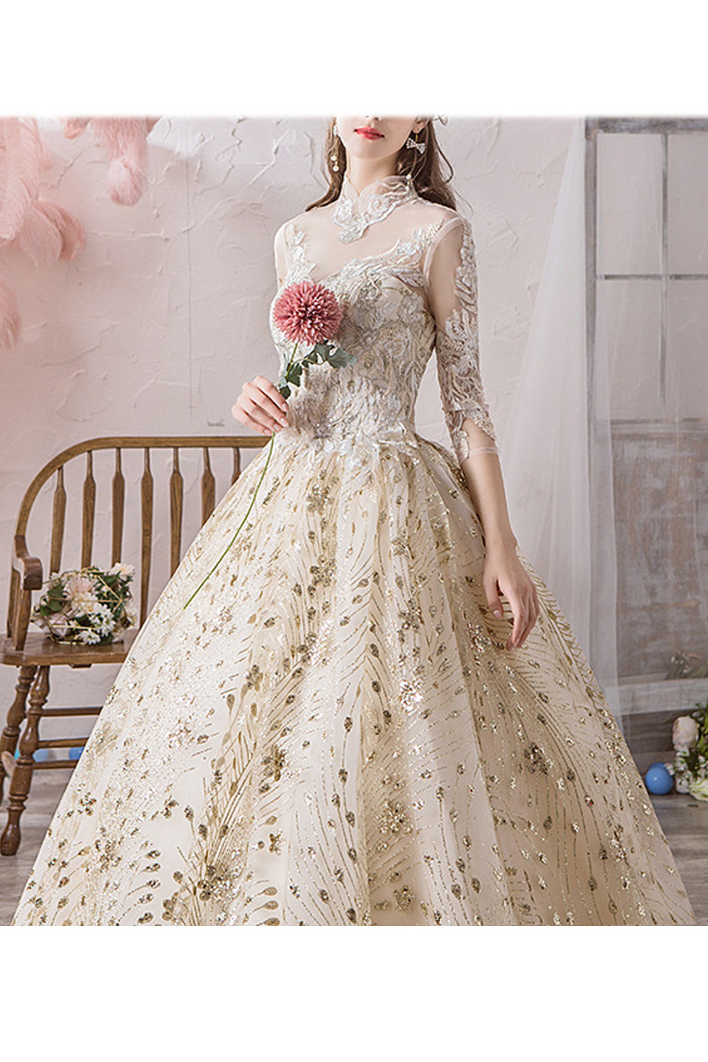 Women Lace Long Sleeve Stand Collar Pretty Embroidered Wedding Dress
