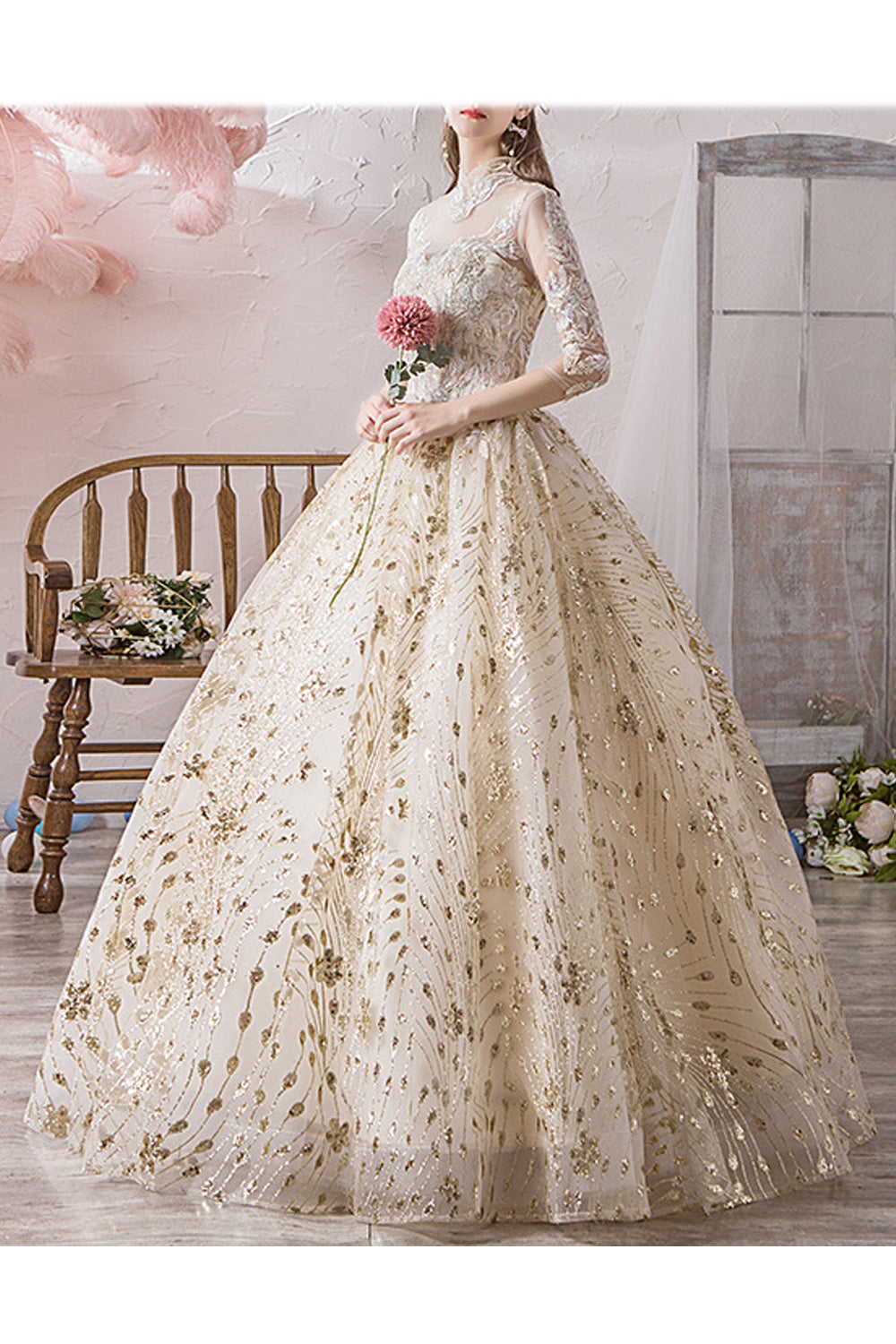 Women Lace Long Sleeve Stand Collar Pretty Embroidered Wedding Dress
