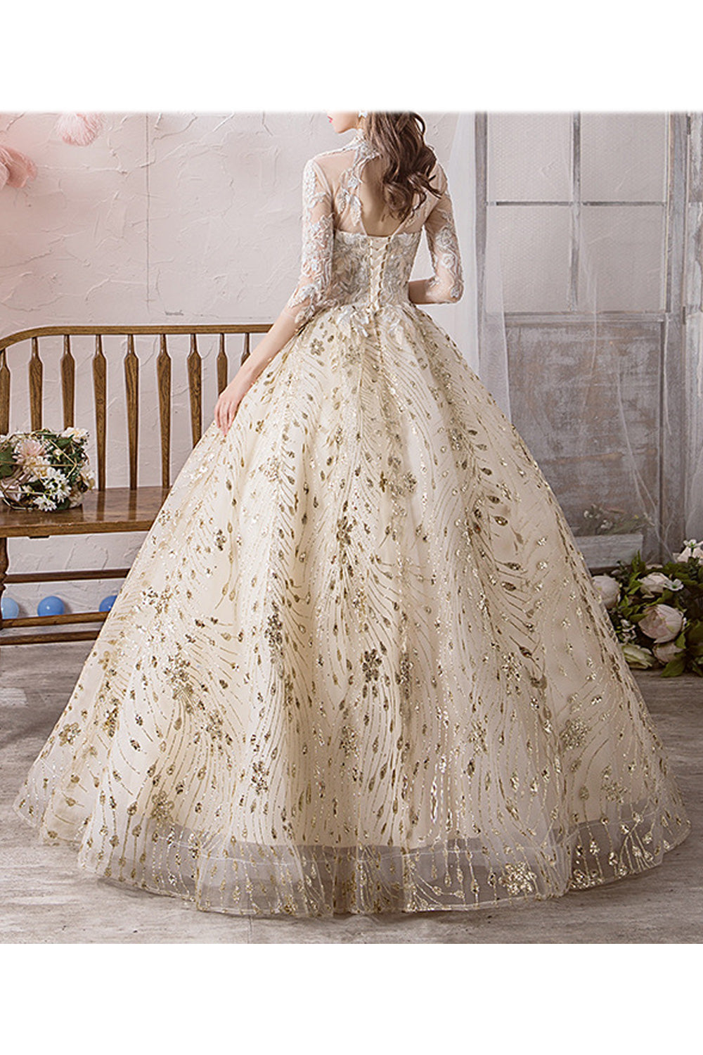 Women Lace Long Sleeve Stand Collar Pretty Embroidered Wedding Dress