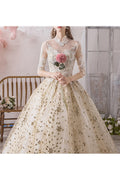 Women Lace Long Sleeve Stand Collar Pretty Embroidered Wedding Dress