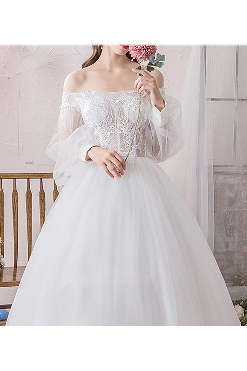 Women Elegant Solid Colored Thin Long Sleeve Wedding Dress