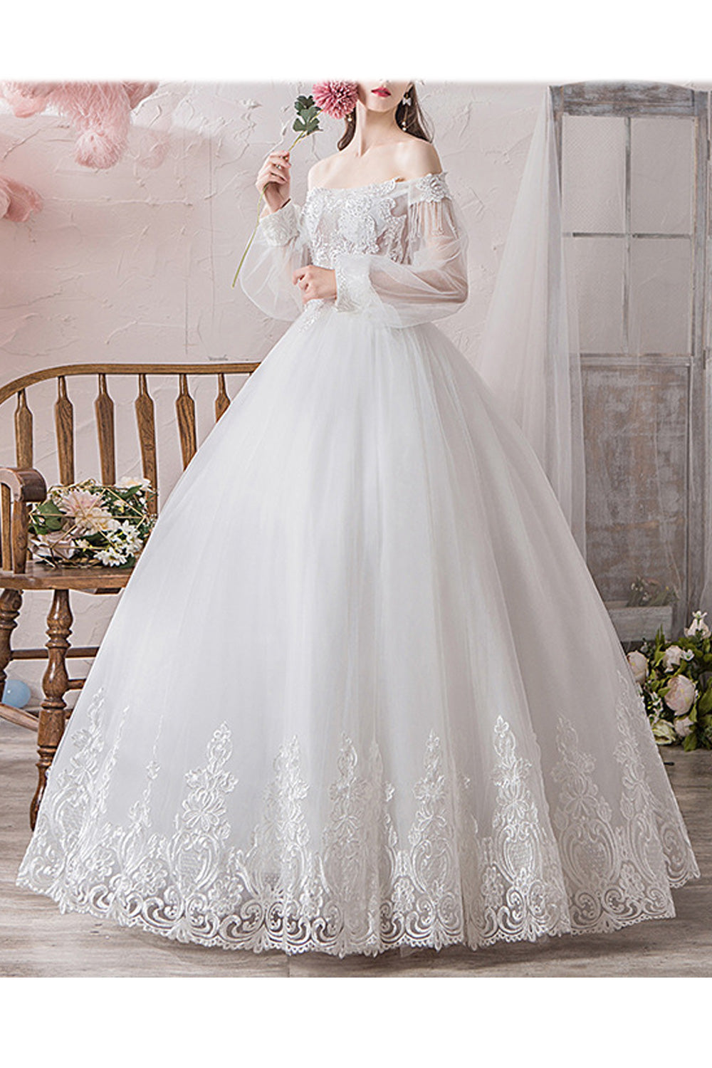 Women Elegant Solid Colored Thin Long Sleeve Wedding Dress
