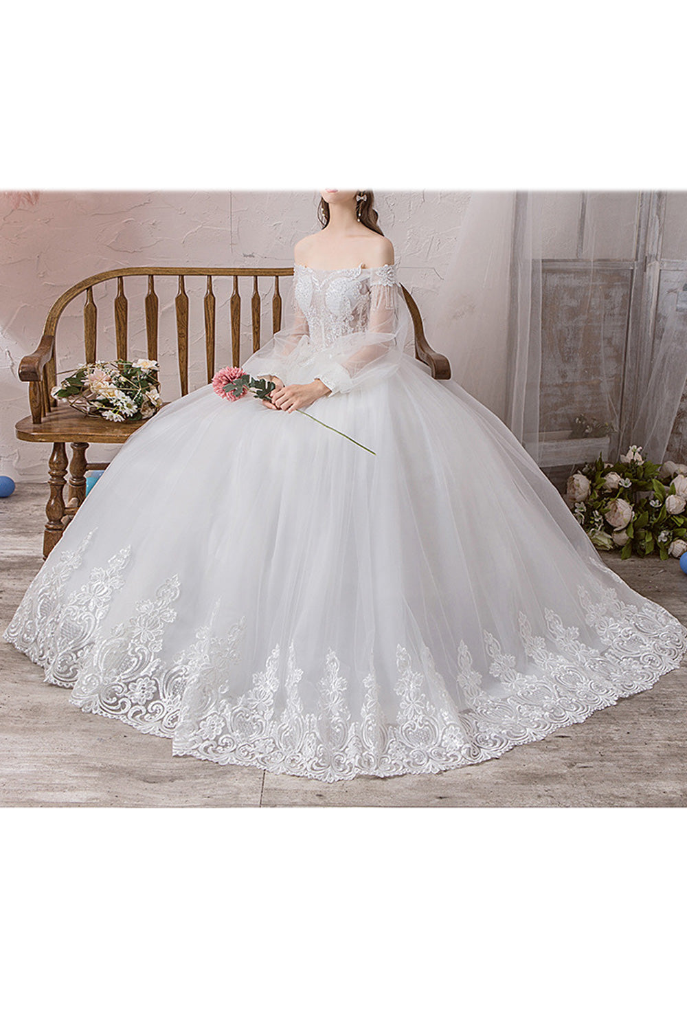 Women Elegant Solid Colored Thin Long Sleeve Wedding Dress