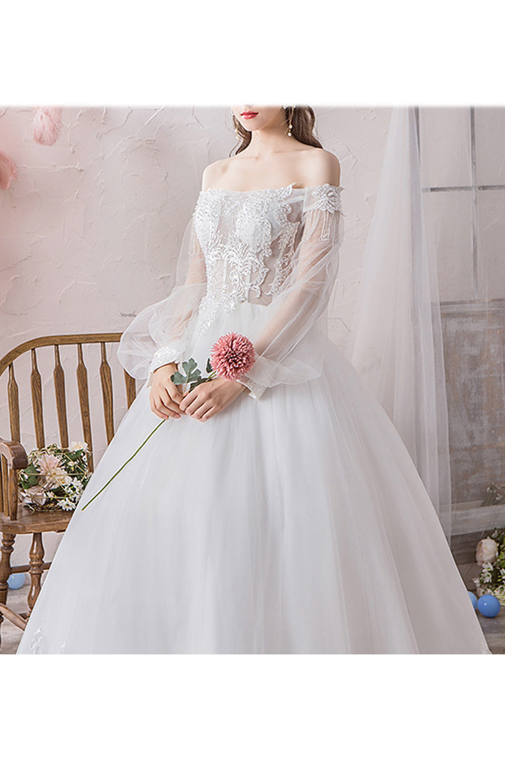 Women Elegant Solid Colored Thin Long Sleeve Wedding Dress