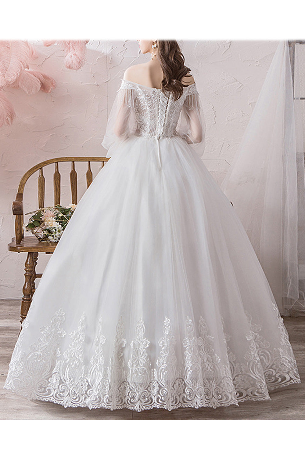 Women Elegant Solid Colored Thin Long Sleeve Wedding Dress
