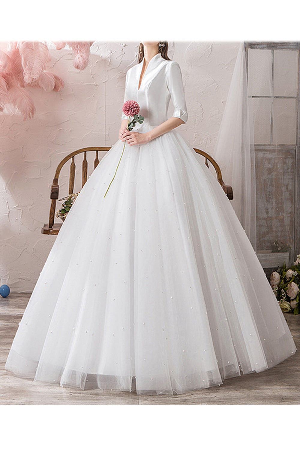 Women Deep V-Neck Style Half Sleeve Elegant Solid Pattern Wedding Dress